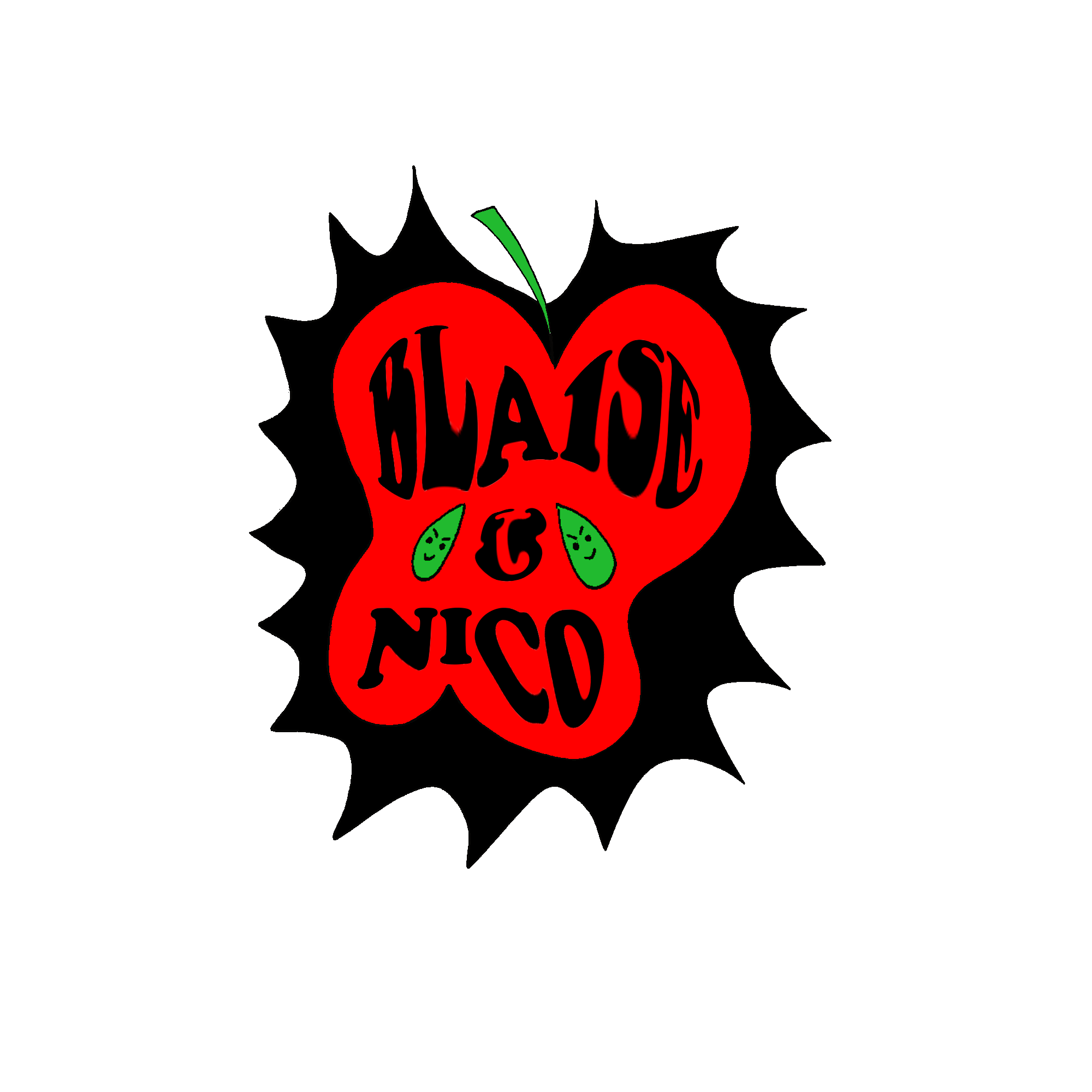 Blaise & Nico — Logo officiel Logo officiel du duo Blaise & Nico, en forme de pomme rouge stylisée avec texte noir et détails verts