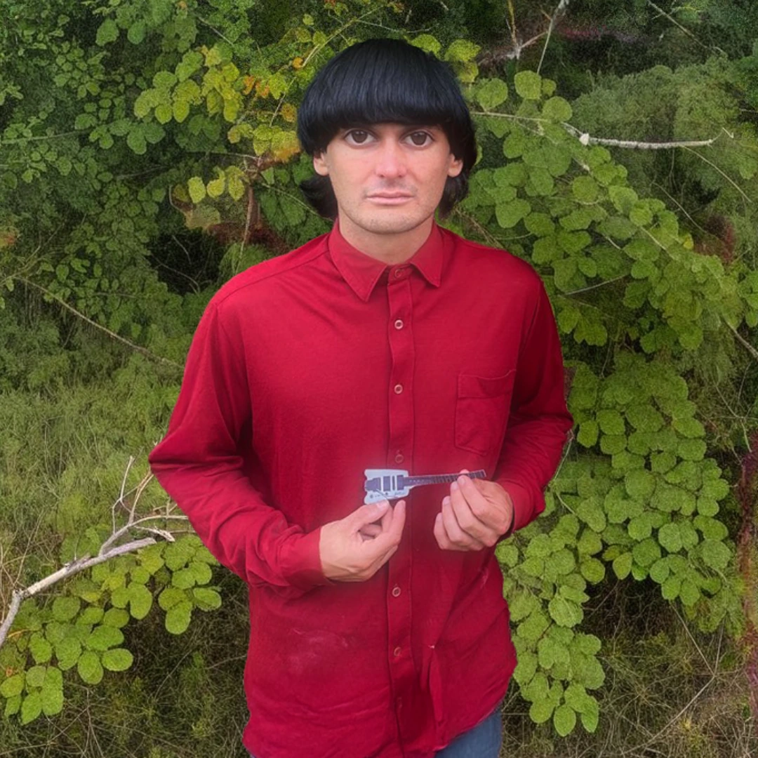 Portrait de Félix Vayssade, membre du duo Blaise & Nico, vêtu d'une chemise rouge devant un fond de feuillage vert, compositeur et réalisateur de films d'animation